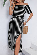 Slit Off-Shoulder Tie-Waist Midi Dress