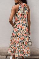 Printed Tiered Pocketed Mock Neck Midi Dress