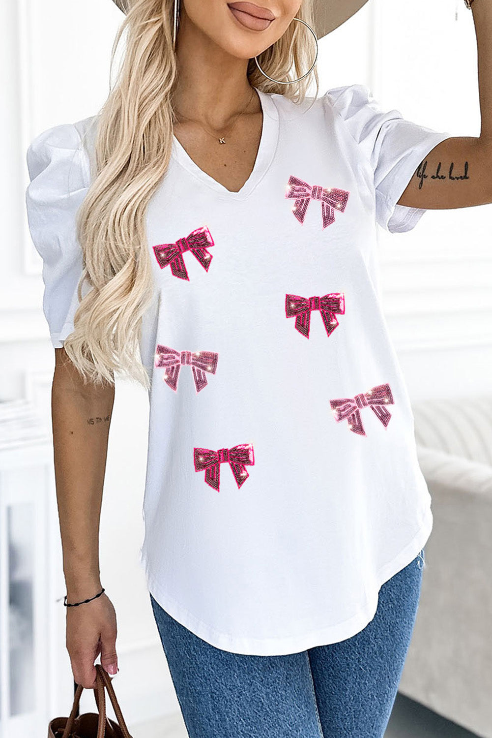 Sequin Bow Print V-Neck Puff Sleeve Blouse