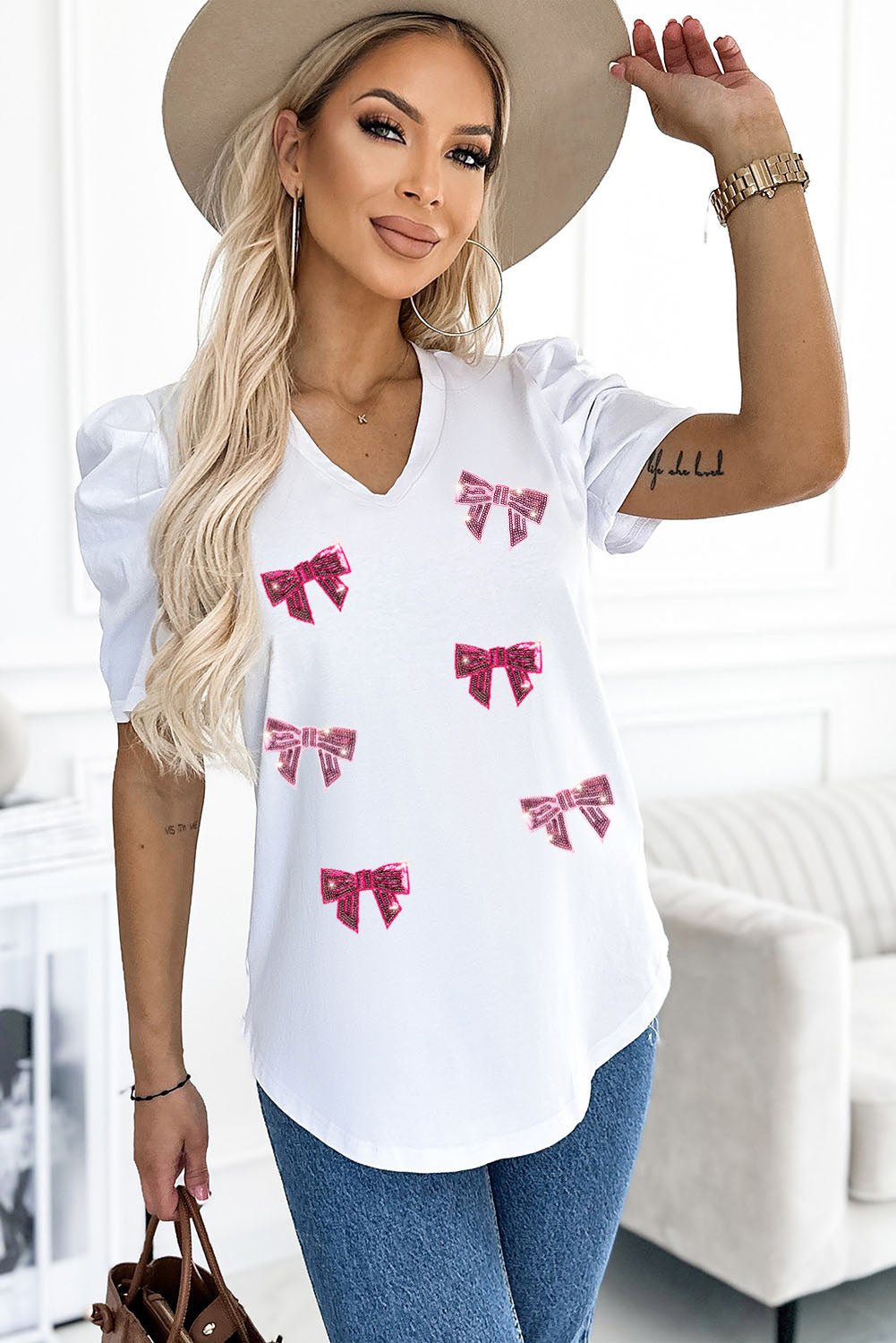 Sequin Bow Print V-Neck Puff Sleeve Blouse