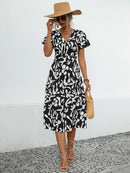 Printed V-Neck Short Sleeve Dress