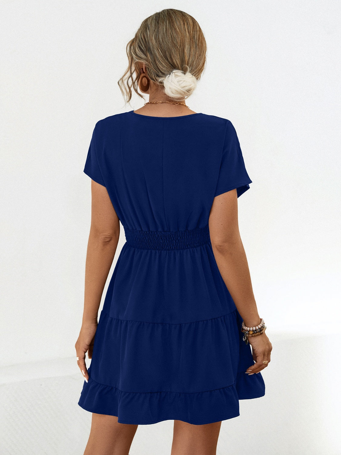 Ruffled Smocked V-Neck Tiered Dress