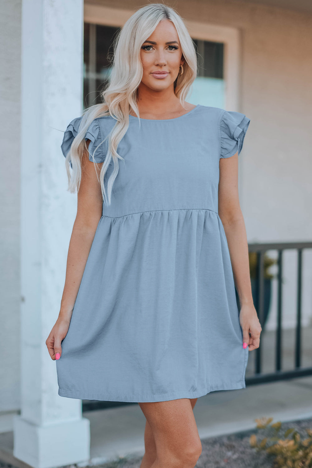 Flutter Sleeve Ruched Mini Dress