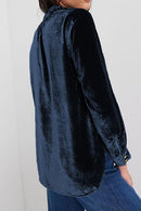 Notched Neck Buttoned Long Sleeve Velvet Blouse