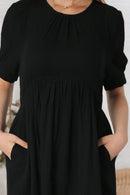 Round Neck Puff Sleeve Dress with Pockets