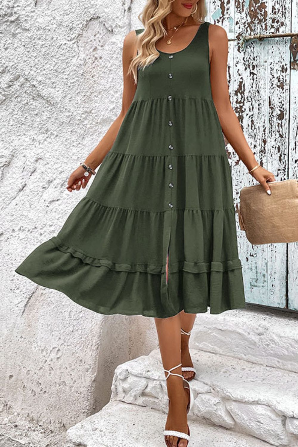 Decorative Button Scoop Neck Tiered Sleeveless Dress