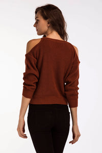 Round Neck Cold-Shoulder Ribbed Sweater