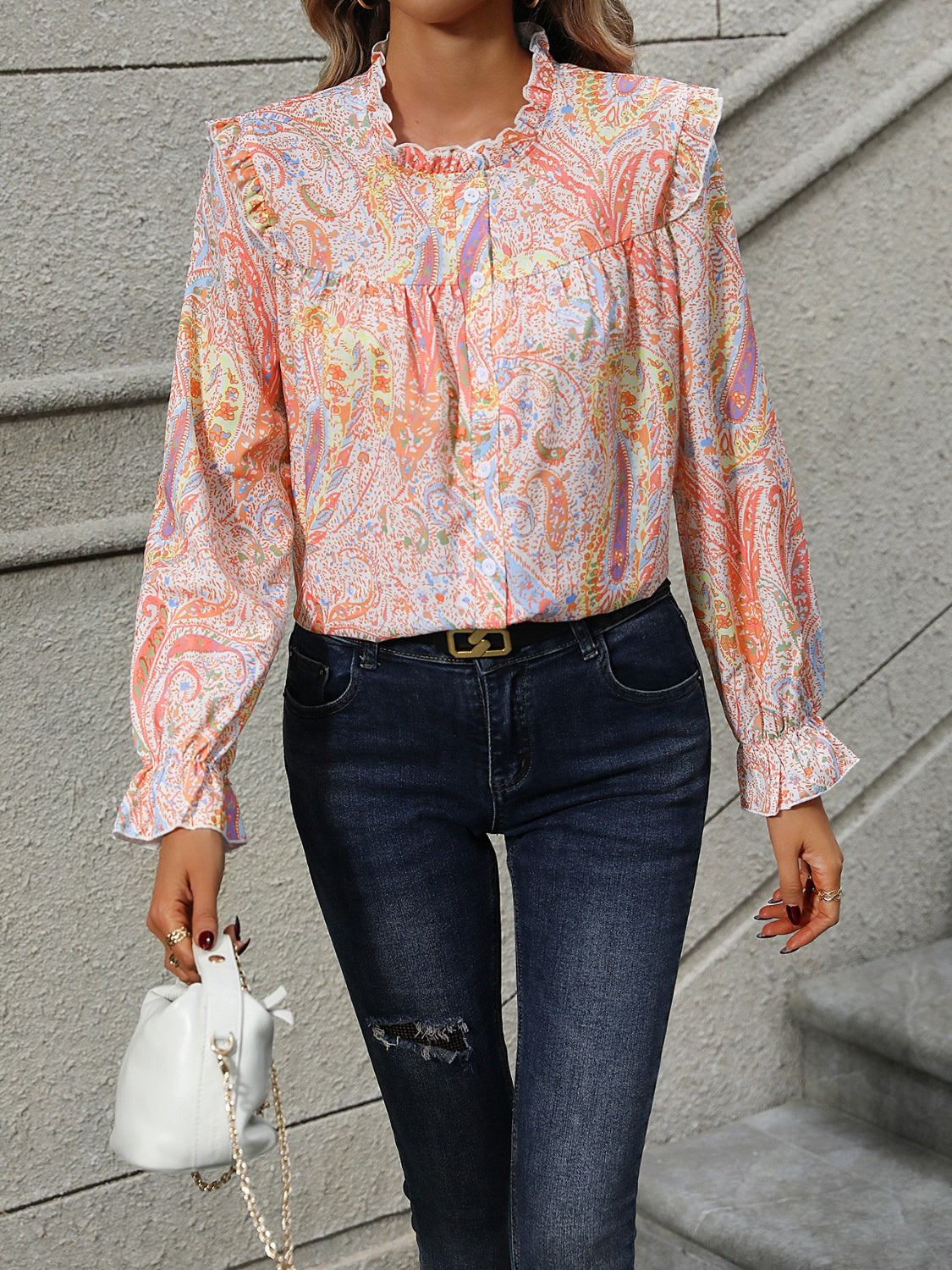 Frill Printed Mock Neck Long Sleeve Shirt