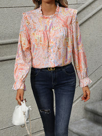 Frill Printed Mock Neck Long Sleeve Shirt