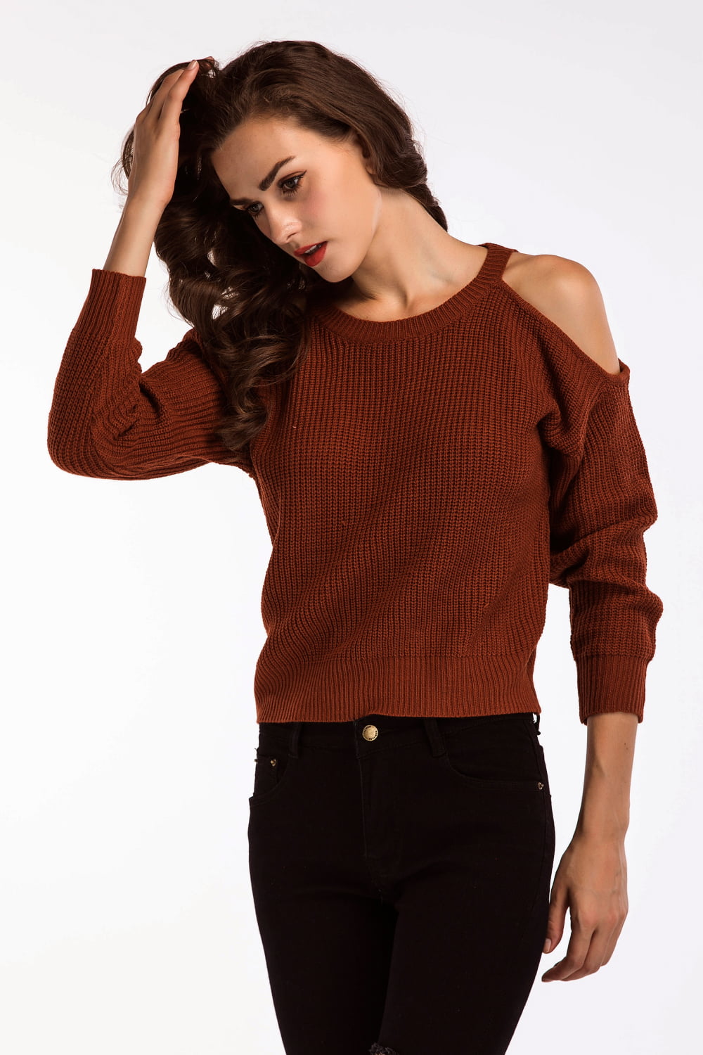 Round Neck Cold-Shoulder Ribbed Sweater