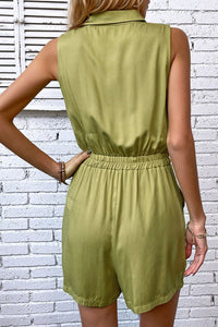 Collared Neck Sleeveless Romper with Pockets