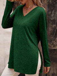 V-Neck Slit Long Sleeve T-Shirt