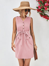 Buttoned V-Neck Belted Sleeveless Dress