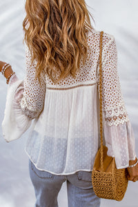 Eyelet Tassel Tie Flare Sleeve Blouse