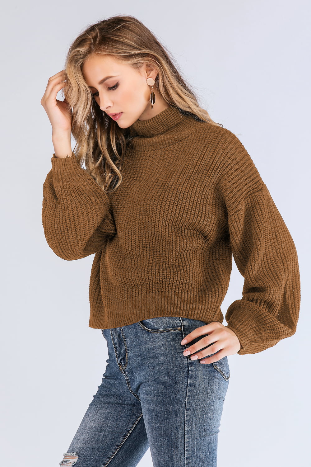 Turtleneck Rib-Knit Dropped Shoulder Sweater