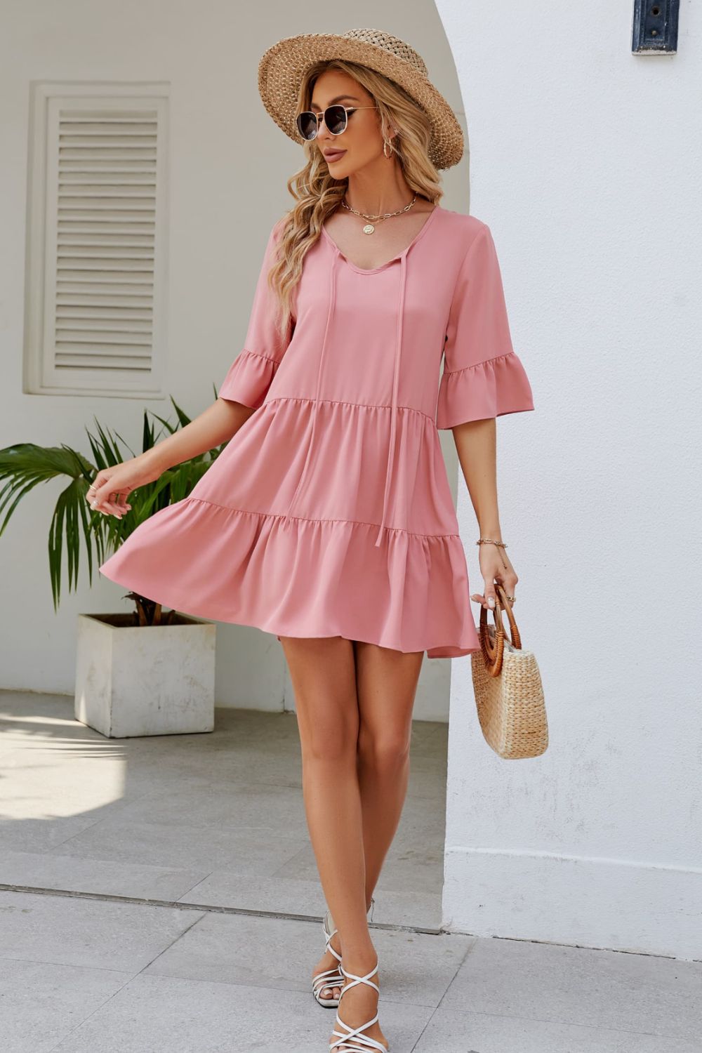 Tied Flounce Sleeve Mini Dress