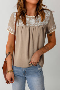 Embroidered Round Neck Short Sleeve Blouse