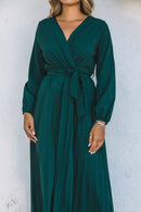 Belted Surplice Balloon Sleeve Pleated Dress