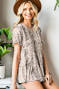Printed Round Neck Flounce Sleeve Tiered Blouse
