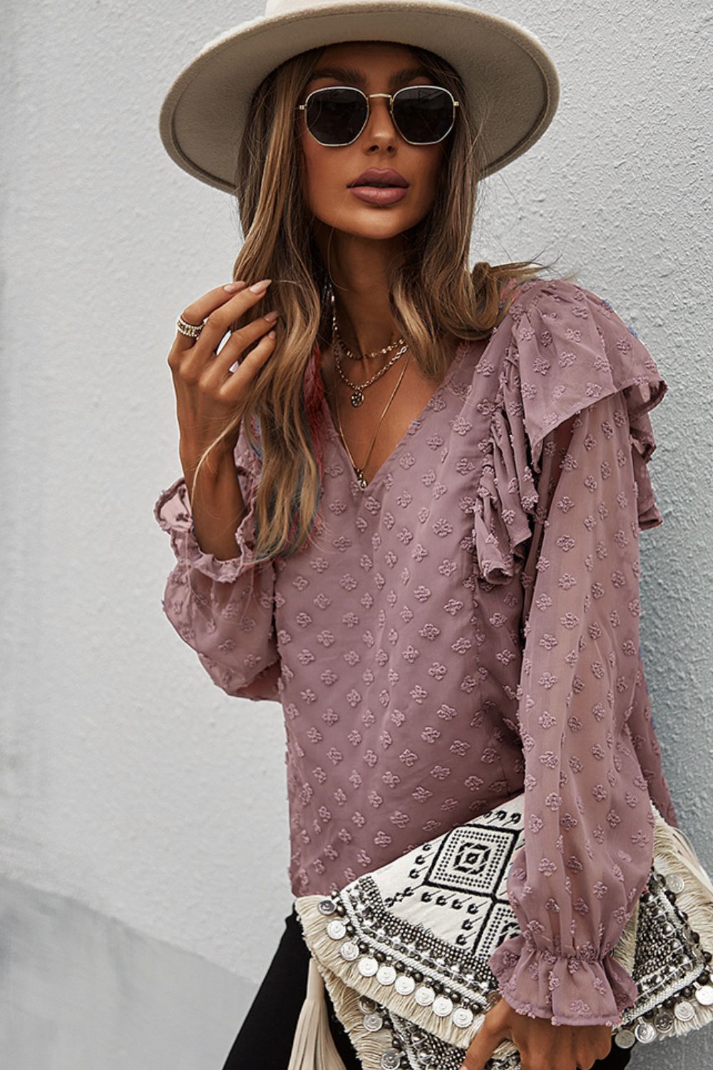 Swiss Dot Ruffle Shoulder Long Sleeve Blouse