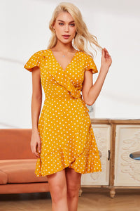 Polka Dot Ruffled Flutter Sleeve Dress