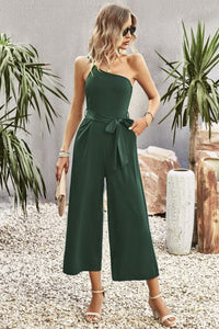 One-Shoulder Tie Belt Wide Leg Jumpsuit