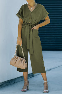 Tie-Waist Buttoned Cropped Jumpsuit