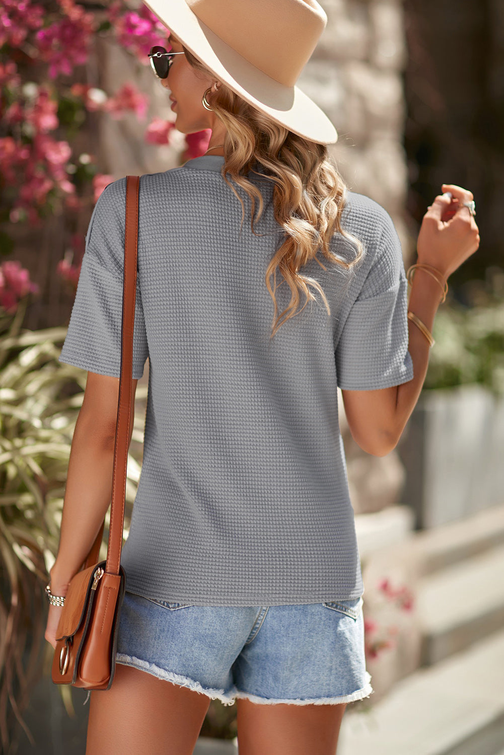 Button Detail Dropped Shoulder Waffle Knit Top