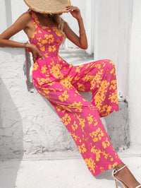 Floral Square Neck Cutout Tie Back Jumpsuit