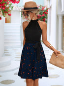Two-Tone Belted Sleeveless Grecian Neck Dress