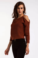 Round Neck Cold-Shoulder Ribbed Sweater