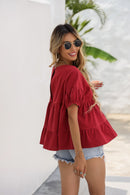 Round Neck Ruched Short Sleeve Blouse