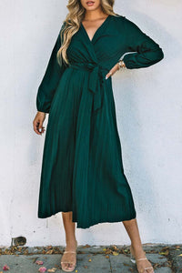 Belted Surplice Balloon Sleeve Pleated Dress