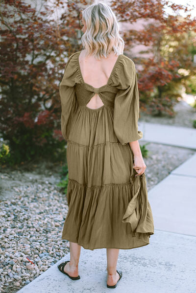 Ruched V-Neck Balloon Sleeve Tiered Dress