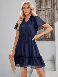 Frill Trim Tie Neck Flutter Sleeve Dress