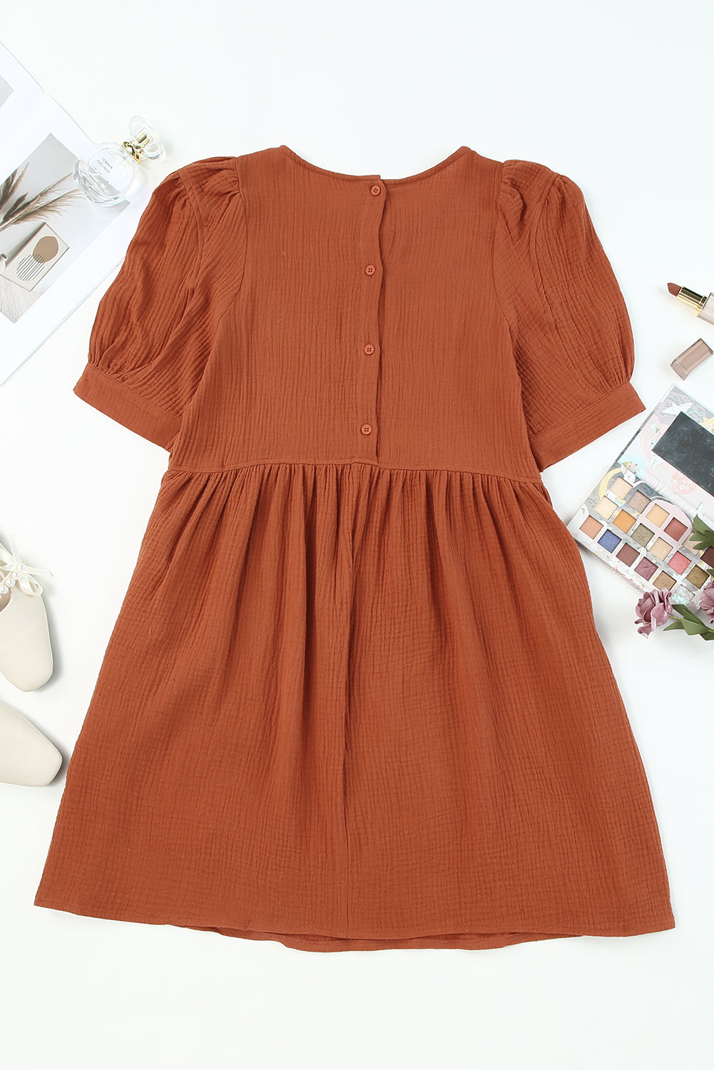 Round Neck Puff Sleeve Dress with Pockets