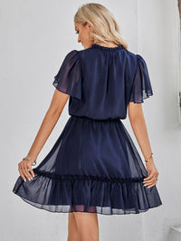 Frill Trim Tie Neck Flutter Sleeve Dress