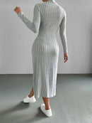 Ribbed Mock Neck Long Sleeve Midi Sweater Dress