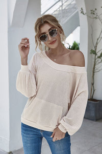 Boat Neck Waffle-knit Lantern Sleeve Blouse with Pocket