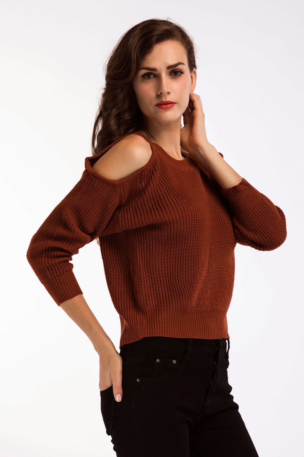 Round Neck Cold-Shoulder Ribbed Sweater