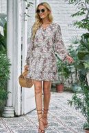 Floral Frill Trim Puff Sleeve Notched Neck Dress