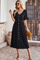 Gathered Detail Buttoned V-Neck Midi Dress