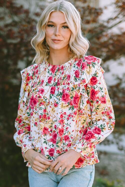 Floral Round Neck Smocked Blouse