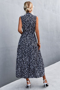 Printed Mock Neck Sleeveless Belted Tiered Dress
