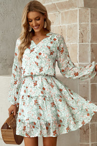 Floral Frill Trim Puff Sleeve Notched Neck Dress