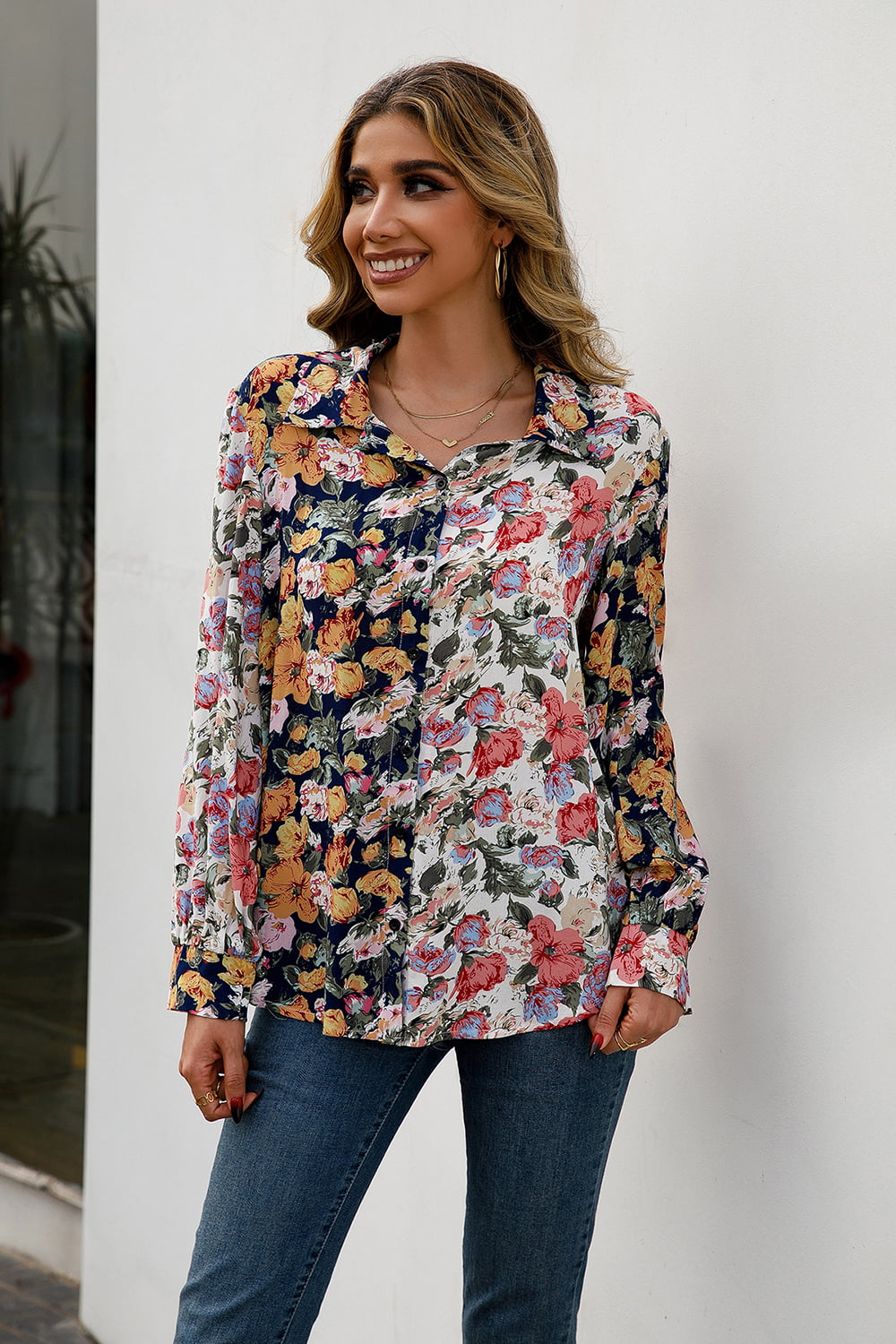 Floral Print Collared Neck Long Sleeve Shirt