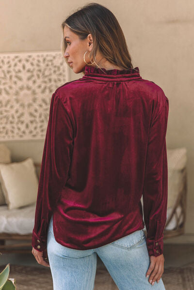 Notched Neck Buttoned Long Sleeve Velvet Blouse