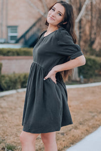 Round Neck Puff Sleeve Dress with Pockets