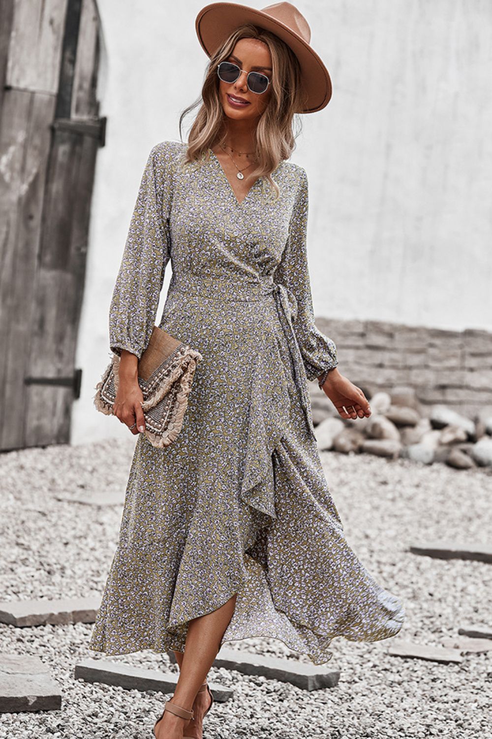 Floral Surplice Neck Long Sleeve Dress