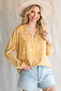 Printed Notched Neck Smocked Blouse
